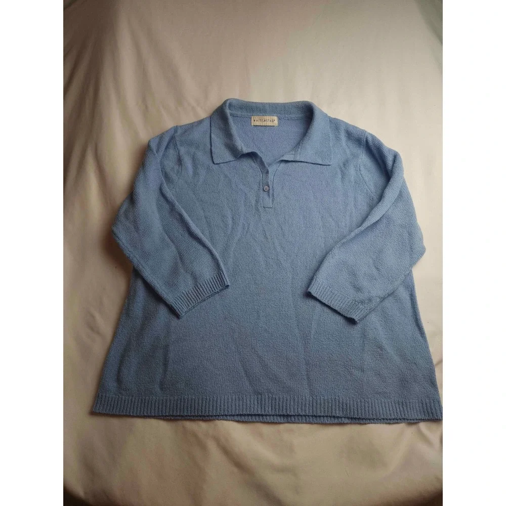 White Stag Blue Knit Polo Sweater Collared 3/4 Sleeve Large Womens